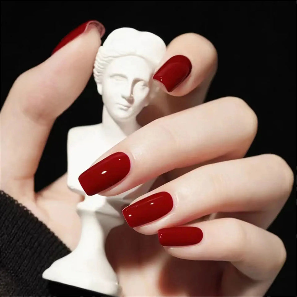 Cherry Red Press on Nails 24Pcs Solid Color Wearable Fake Nails Glossy Artificial Finger Manicure Reusable False Nails for Women