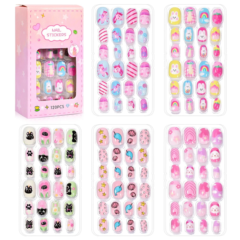 24 Pcs/box Children Cartoon Nail Tips Colorful Artificial Fake Nails for Cute Kids Girls Full Cover Short False Nail Art Kits*