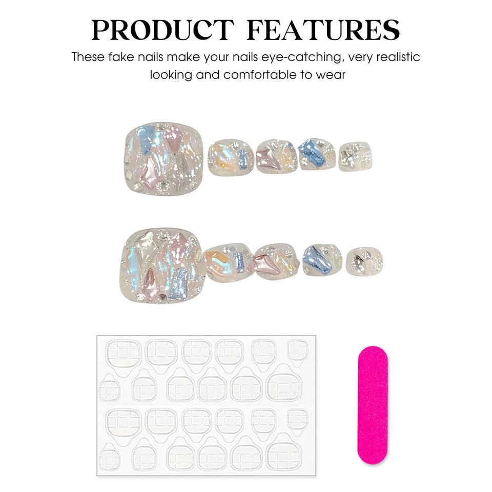 Handmade Press On Nails Transparent Sequins Fake Toenails Glitter Charming False Nails Full Aurora Diamond Decor Square Nail Tip