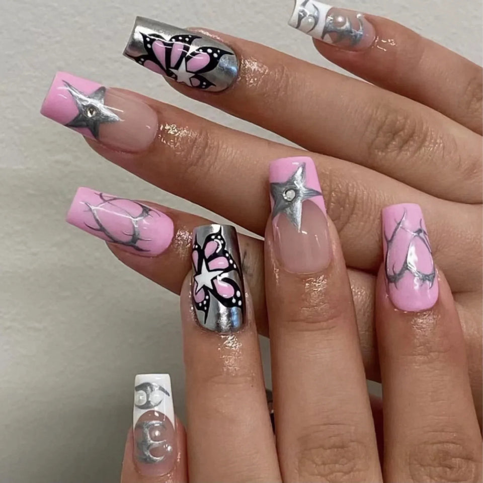 24Pcs/Set Medium Long Halo French Artificial Press on Nail Adhesive Full Coverage Fake Nails Removable Wearing False Nails Tips