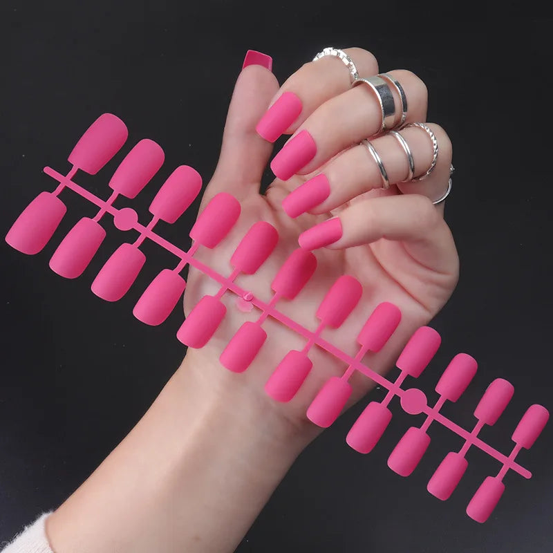 24Pcs/Set Matte False Nails Glue Square Head Frosted Press On Fake Nail Tips Full Cover Artificial Fingernails Ballet Detachable