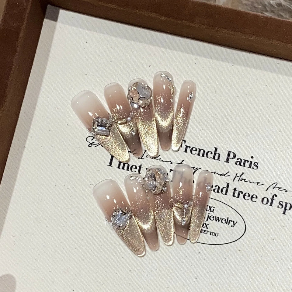 10Pcs Cat Eye Press on Nails French False Nails Wearable Handmade Nail Fake with Diamond Artificial Nail Elegant Full Cover Nail