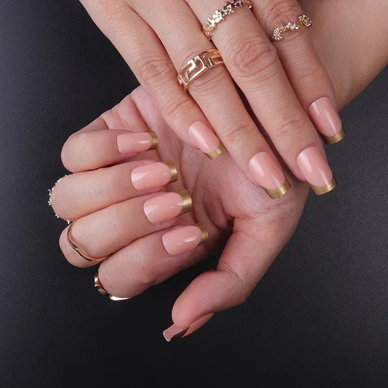 24Pcs/Set Medium Long Halo French Artificial Press on Nail Adhesive Full Coverage Fake Nails Removable Wearing False Nails Tips