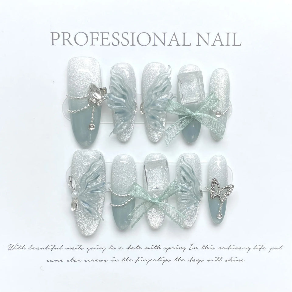 10Pcs Cat Eye Press on Nails French False Nails Wearable Handmade Nail Fake with Diamond Artificial Nail Elegant Full Cover Nail