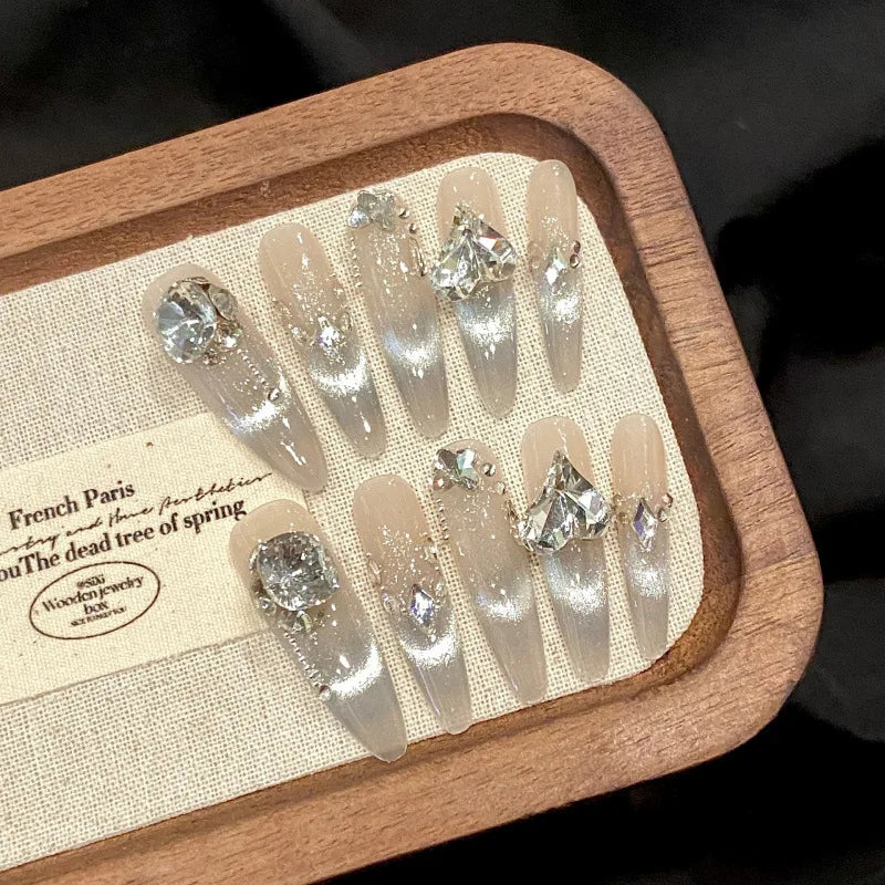 10Pcs Cat Eye Press on Nails French False Nails Wearable Handmade Nail Fake with Diamond Artificial Nail Elegant Full Cover Nail