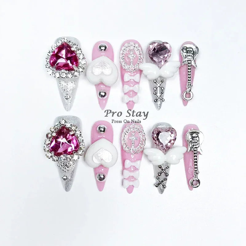10pcs Y2K Hot Girl Handmade Fake Nails in Black and Red with Gems and Metal Accessories Mine girl Wearable Artificial False Nail
