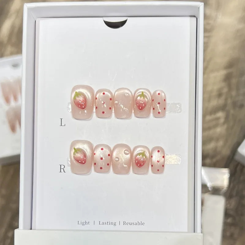 10pcs Handmade False Nails Short Artificial Fingernails Fake Nails Cute 3d Strawberry Manicure Press on Nails with Charms 2025